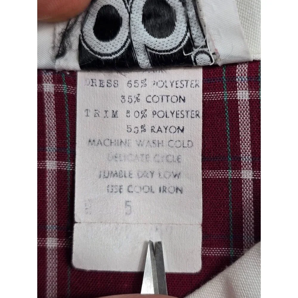 Vintage PBJ 70s Burgundy & White Plaid Dress White Collar Cap Sleeves Small - Picture 3 of 4